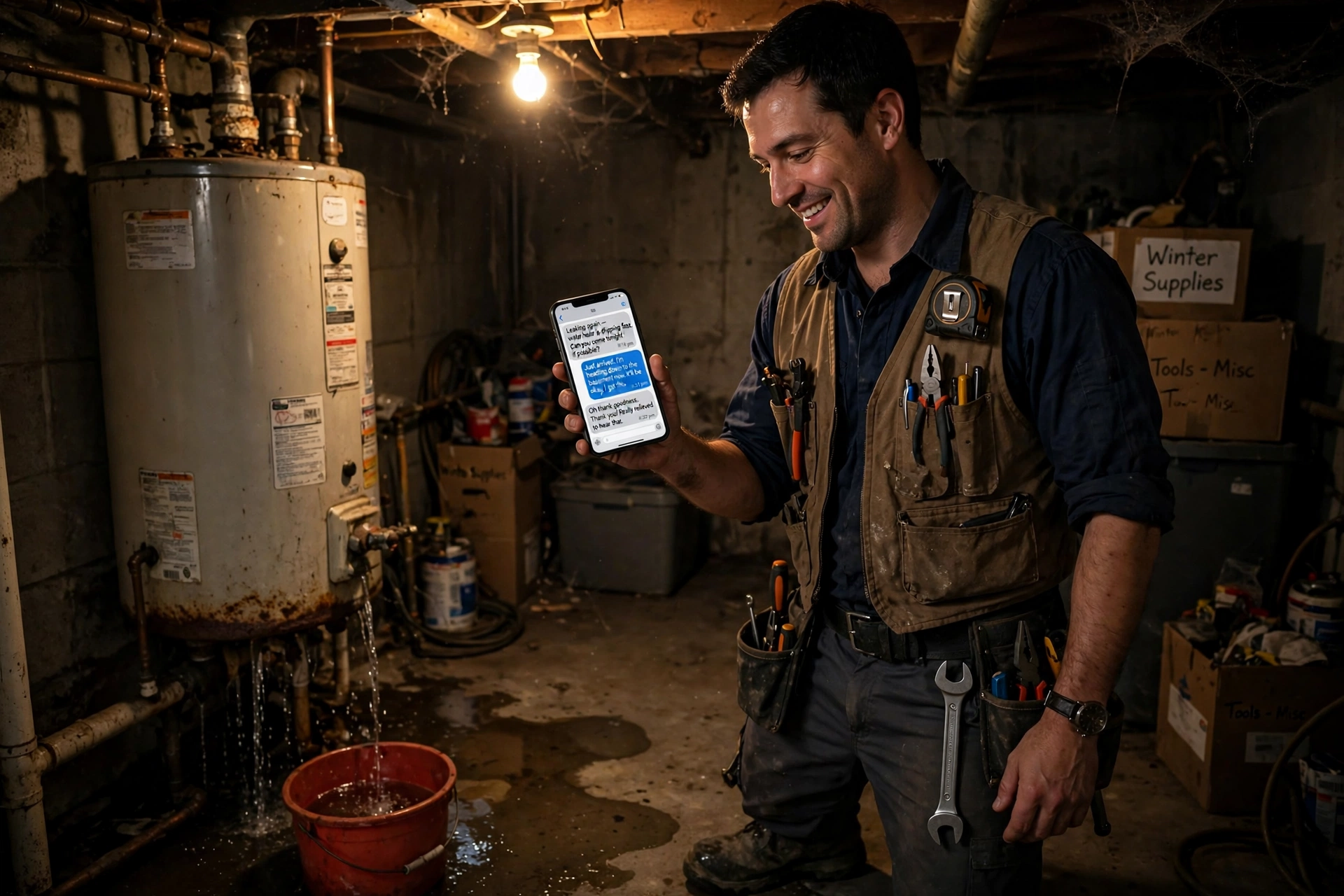 A plumber on a night call checking a text conversation on his phone — one way to answer business calls after hours without missing the job