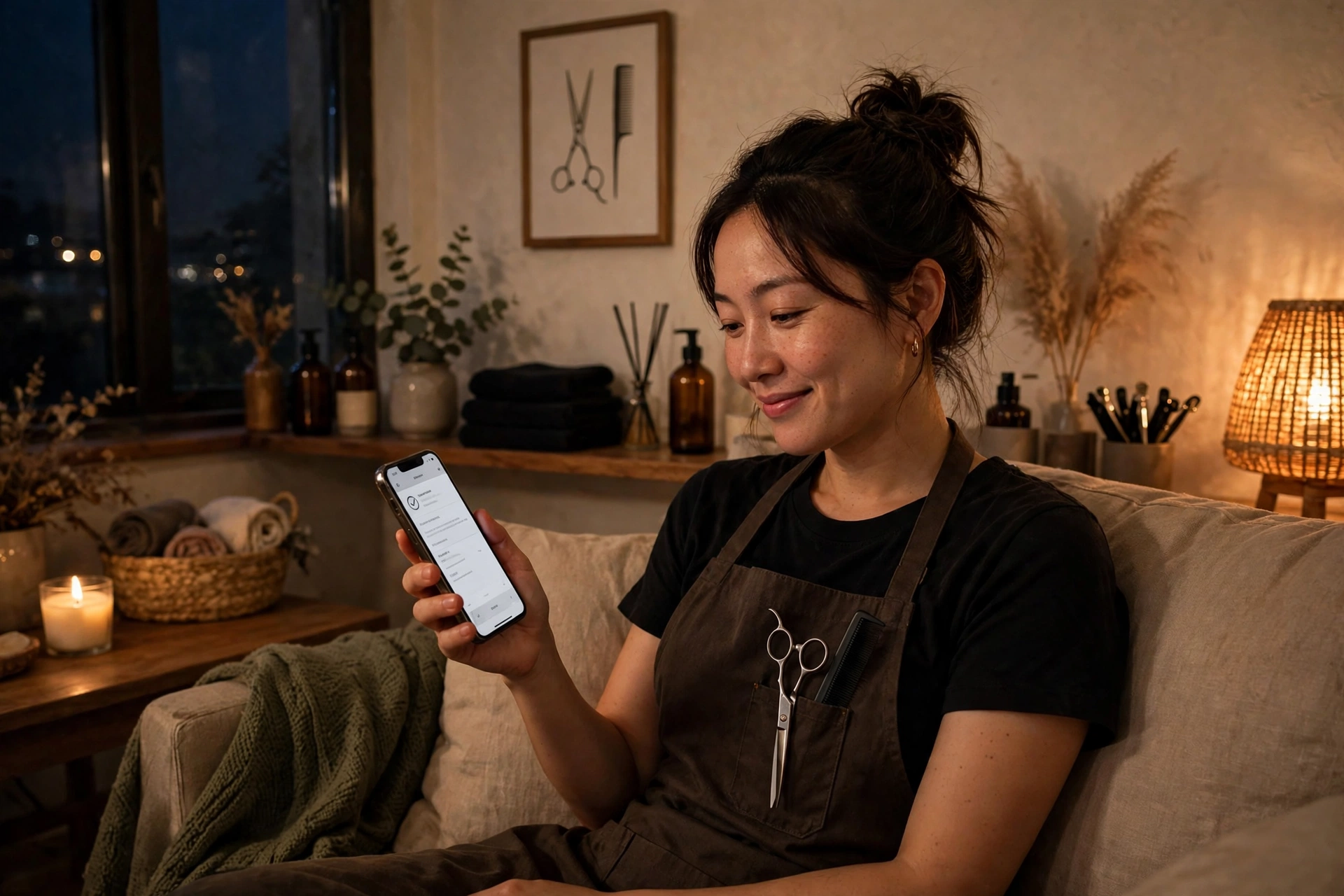 A salon owner at home in the evening seeing a booking come in on her phone, because her shop can answer business calls after hours