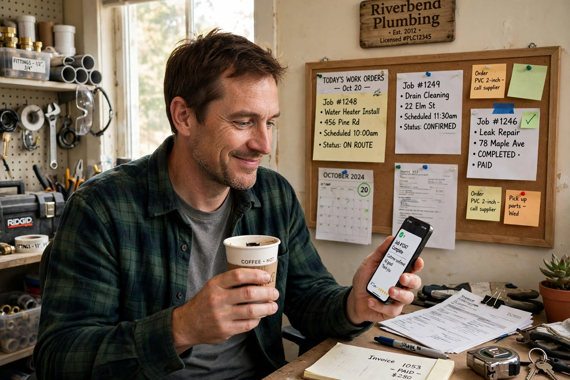 A plumbing company owner starting his morning with every call already answered and followed up by The Mayor