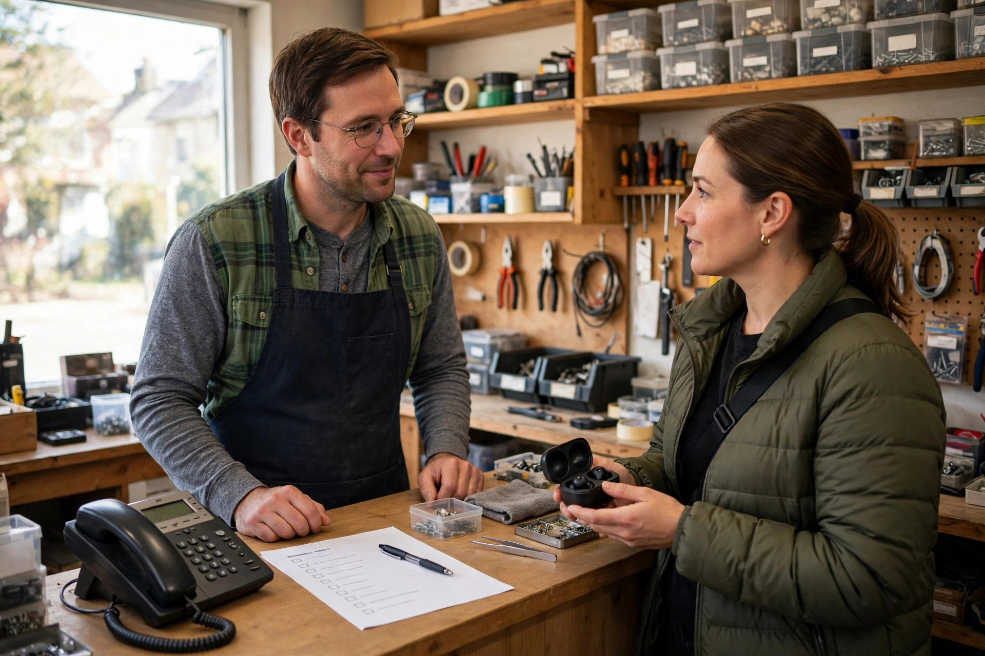 A small business owner at the front desk counter helping a customer in person, checklist and phone within reach