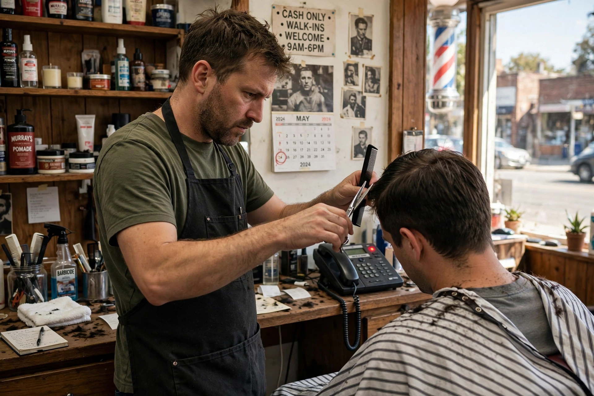 A barber mid-haircut while the shop phone rings unanswered — the moment a missed call costs a small business a customer