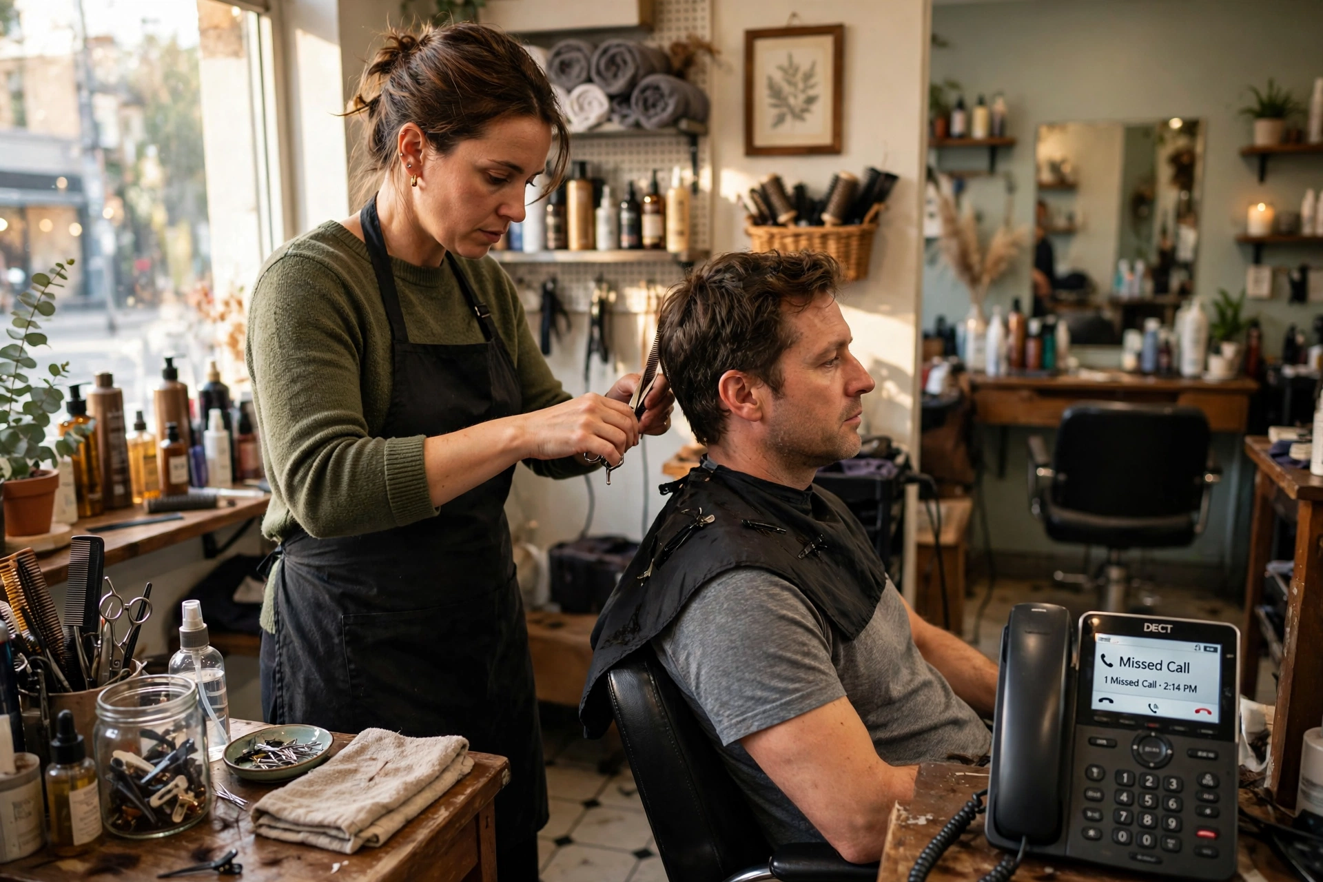 A salon owner mid-appointment while the shop phone shows a missed call — the moment missed call text back for small business matters