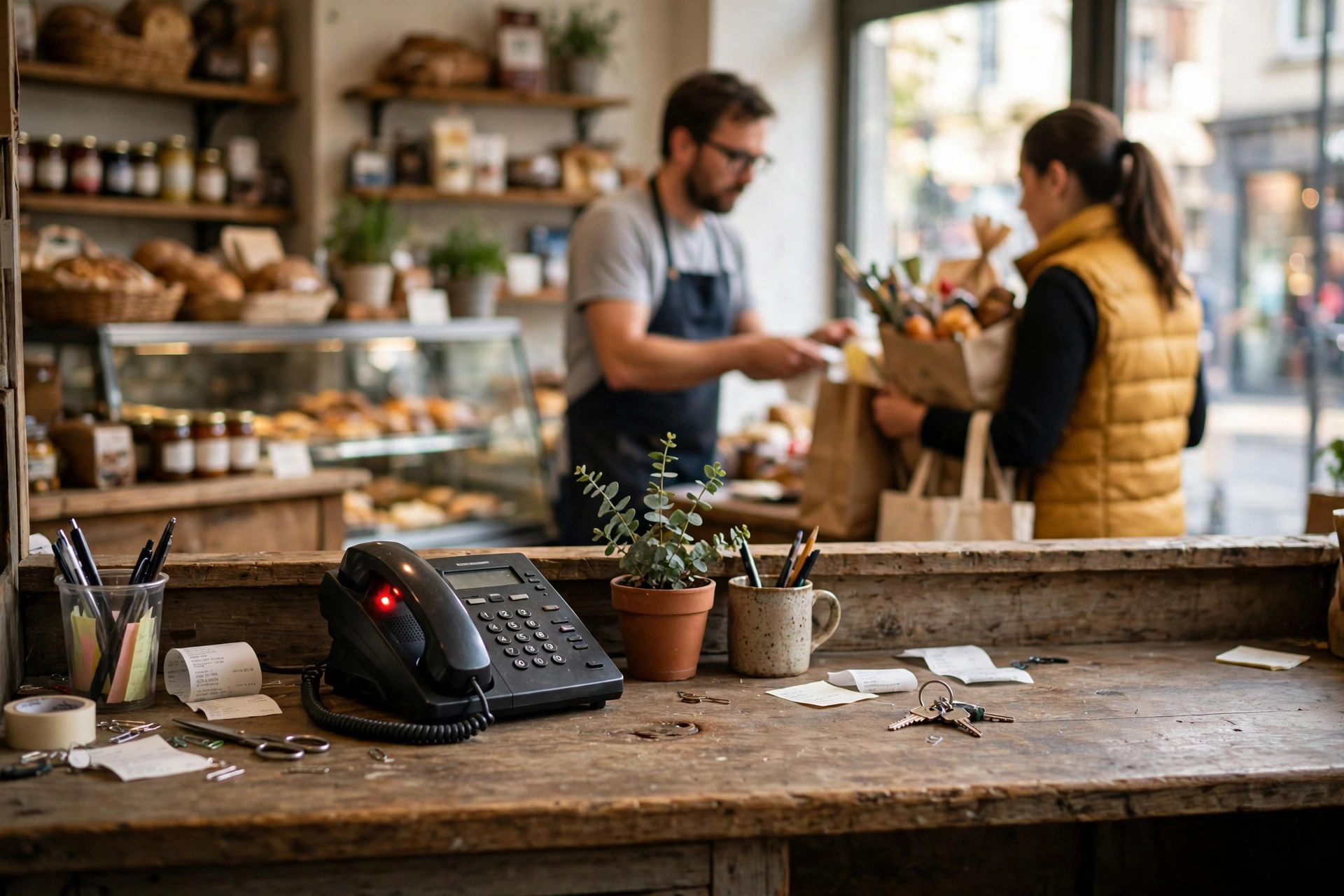 An empty front desk with a ringing phone while the owner serves a customer — the gap behind the question of how much a receptionist costs for a small business