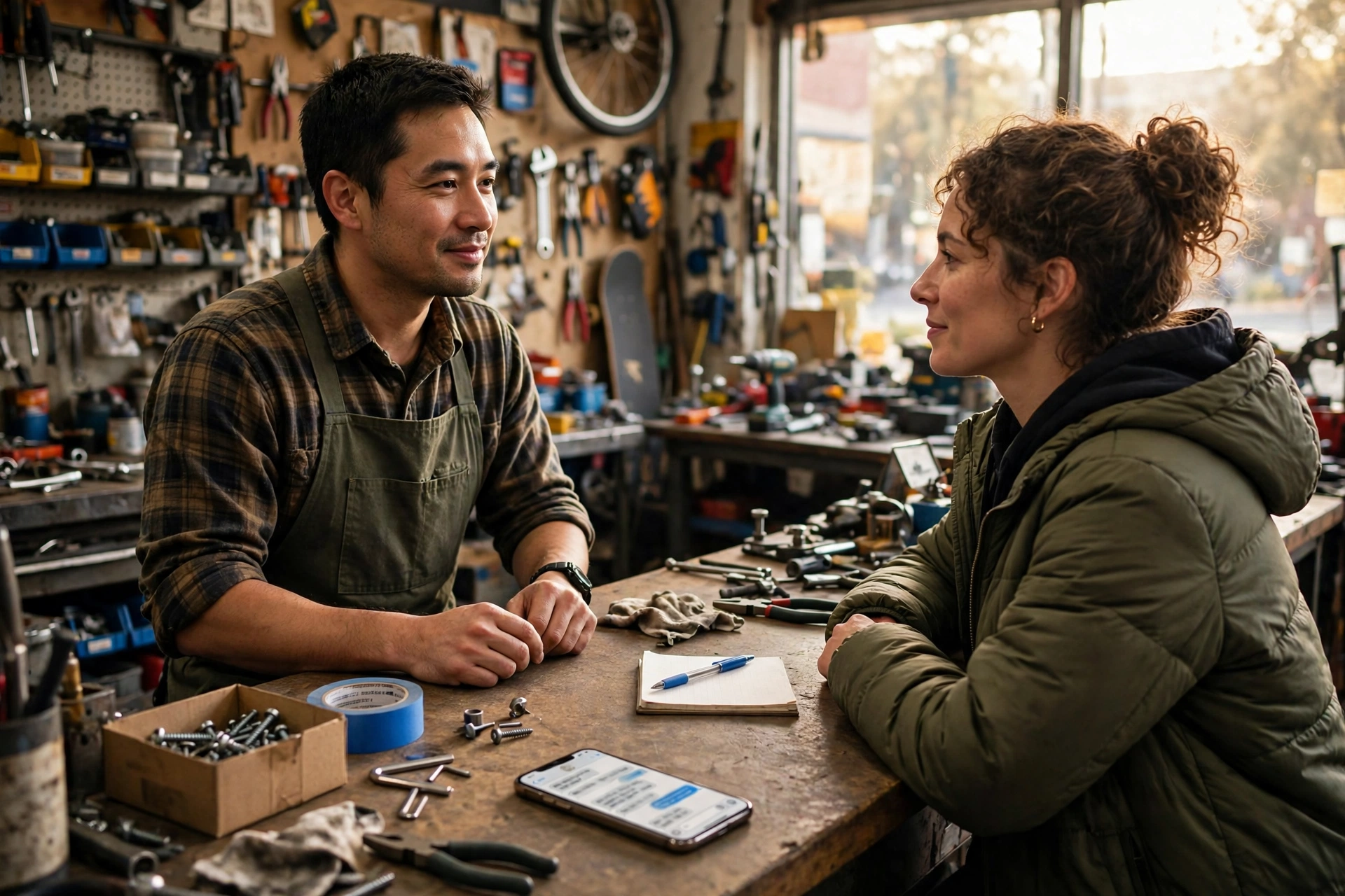 A shop owner serving a customer without rushing to the phone, because every missed call gets a text back