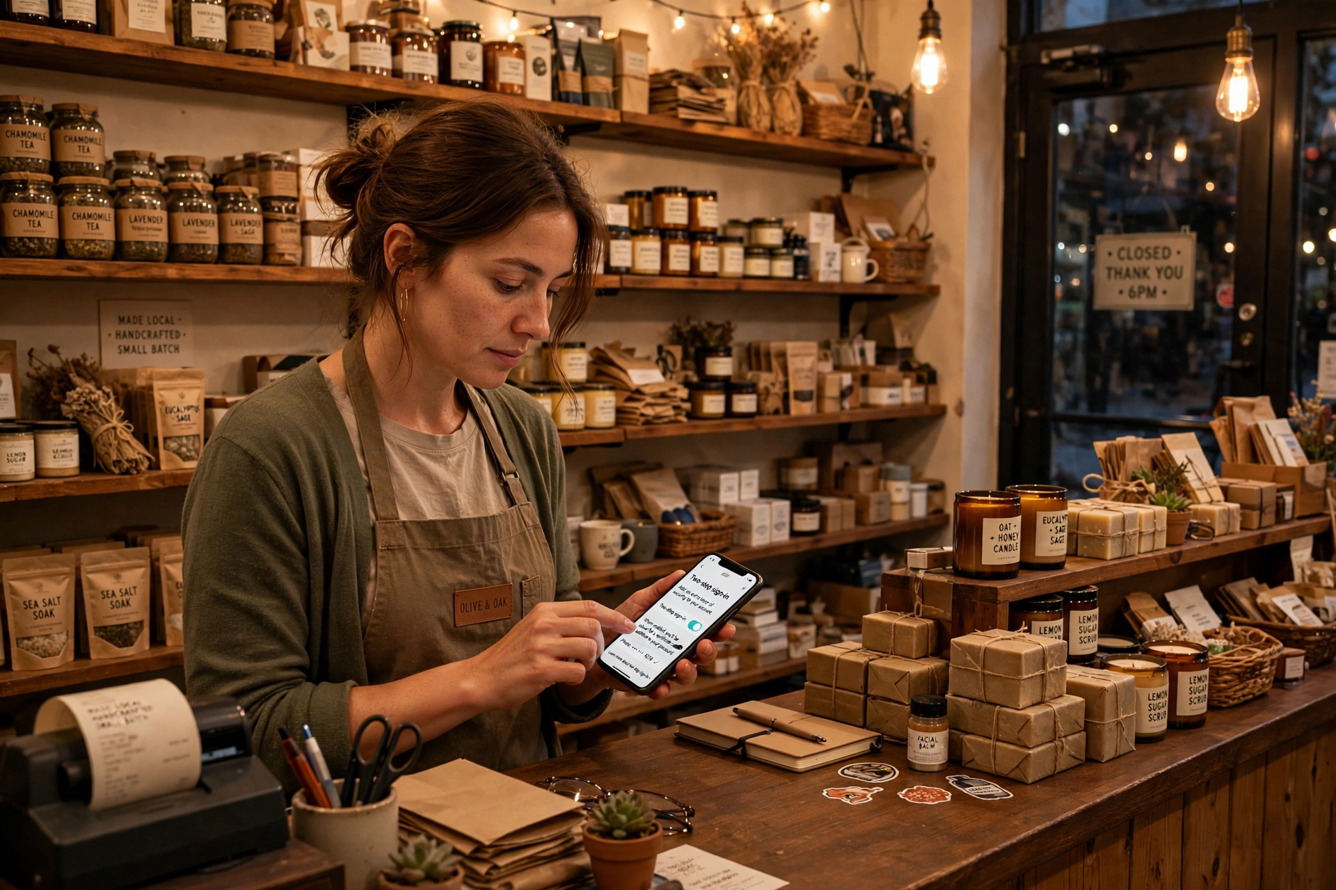 A shop owner at her counter at closing time turning on two-step sign-in — the first item on a small business cybersecurity checklist
