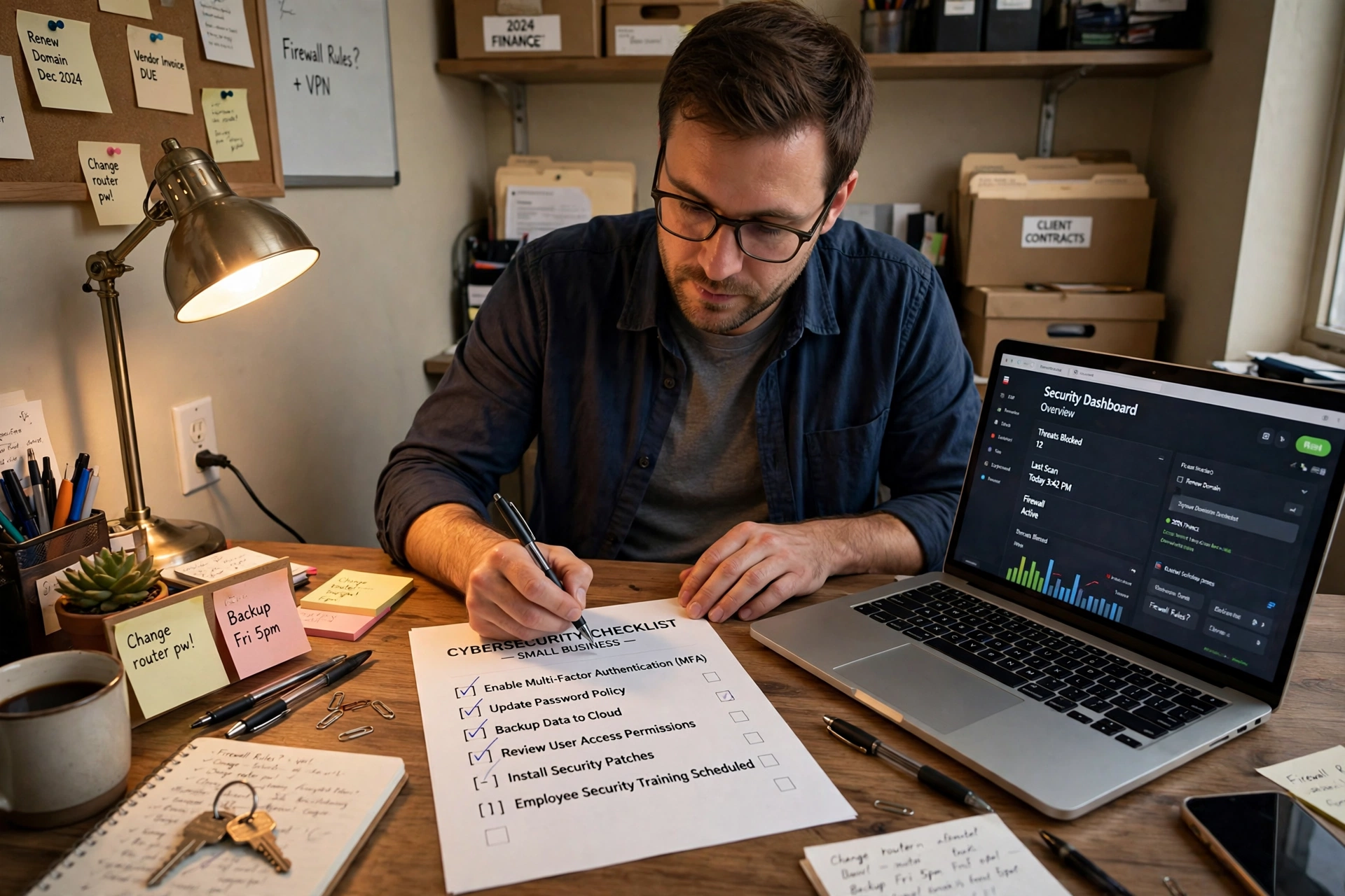 A business owner reviewing a printed small business cybersecurity checklist on a laptop in his back office, checking off each item